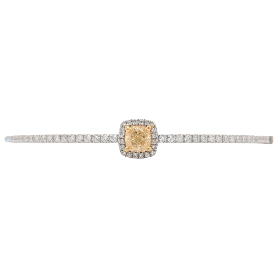 14K Natural Cushion Yellow Diamond Center Hinged Bangle Bracelet.