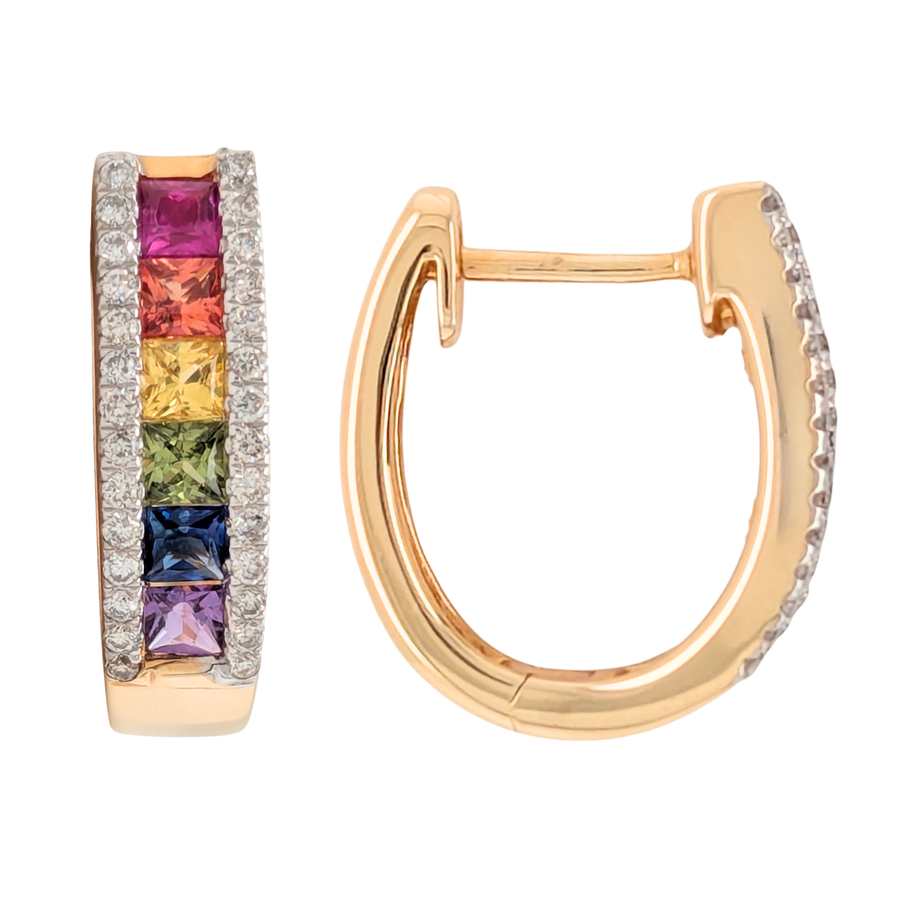 14K Yellow Gold Rainbow Sapphire Huggies with Diamonds