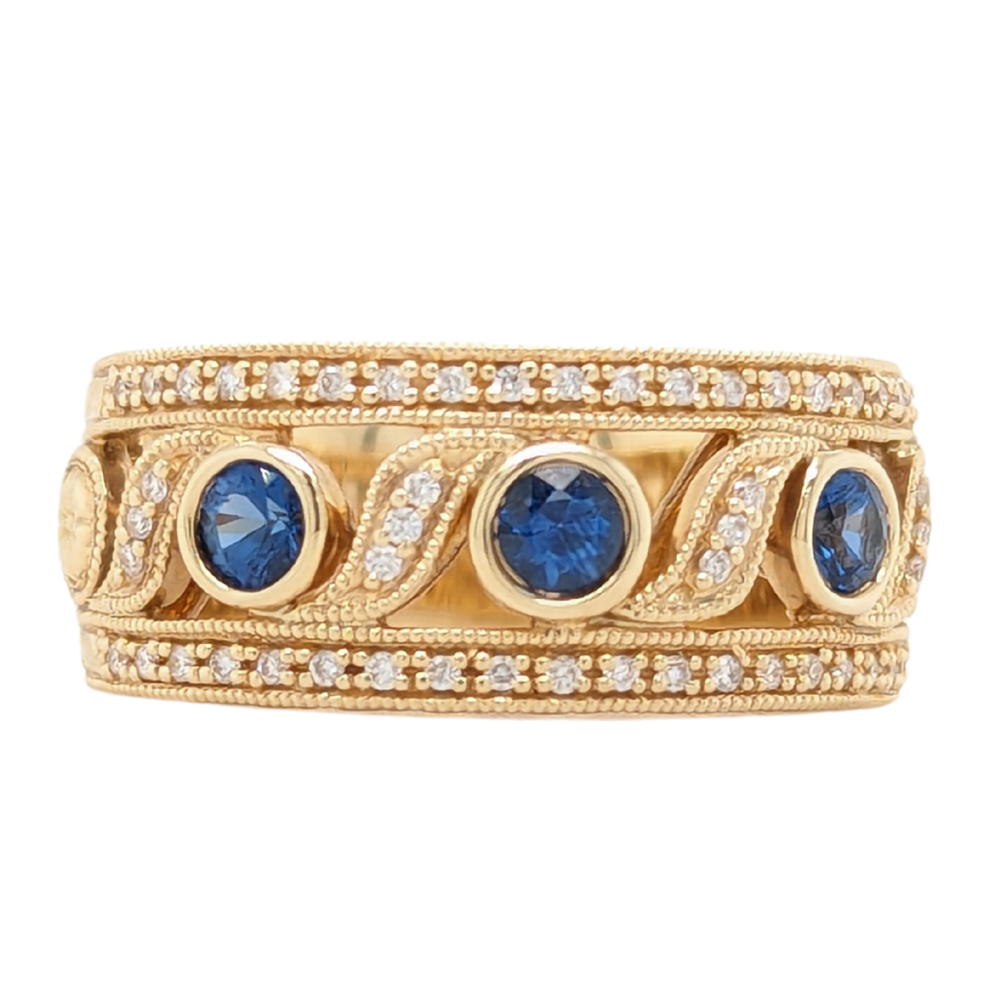 14K Yellow Gold Three Blue Sapphire and Diamond Wide Band