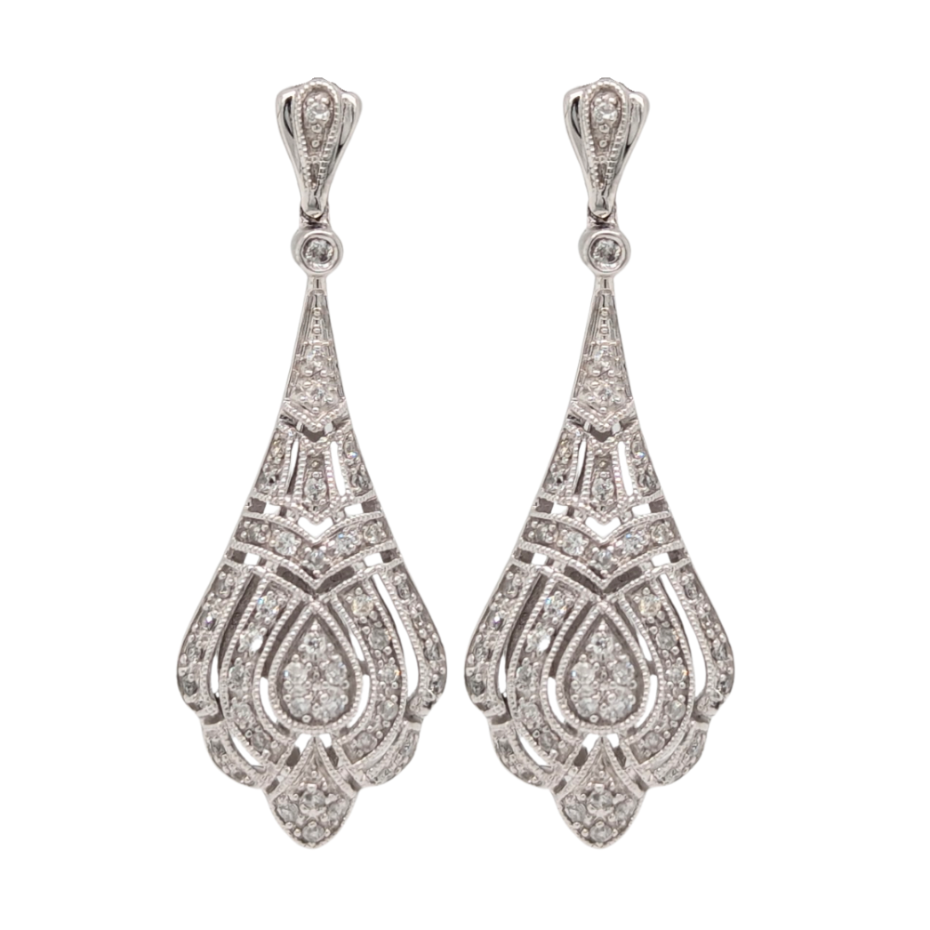 10KT White Gold .33CTW Vintage Style Dangle Earrings