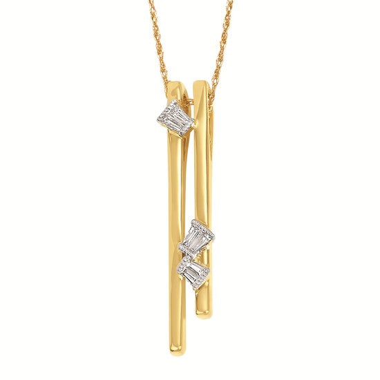 14K Gold Double Line Bar Pendant with Baguettes