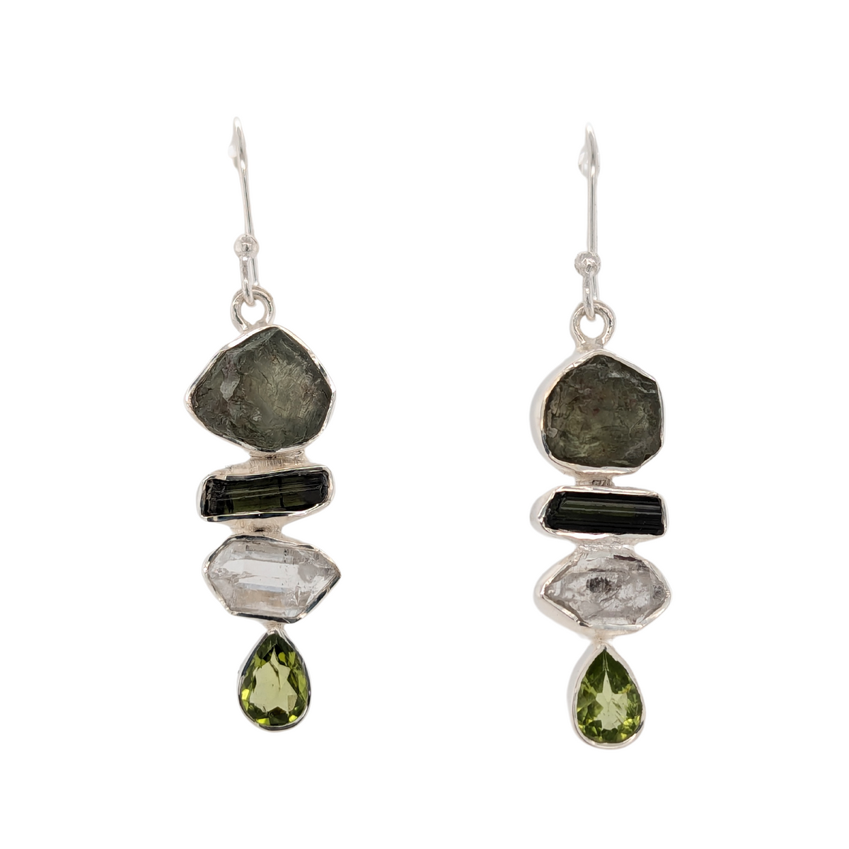 Sterling Silver Green Apatite, Tourmaline, Herkimer, and Peridot Earrings