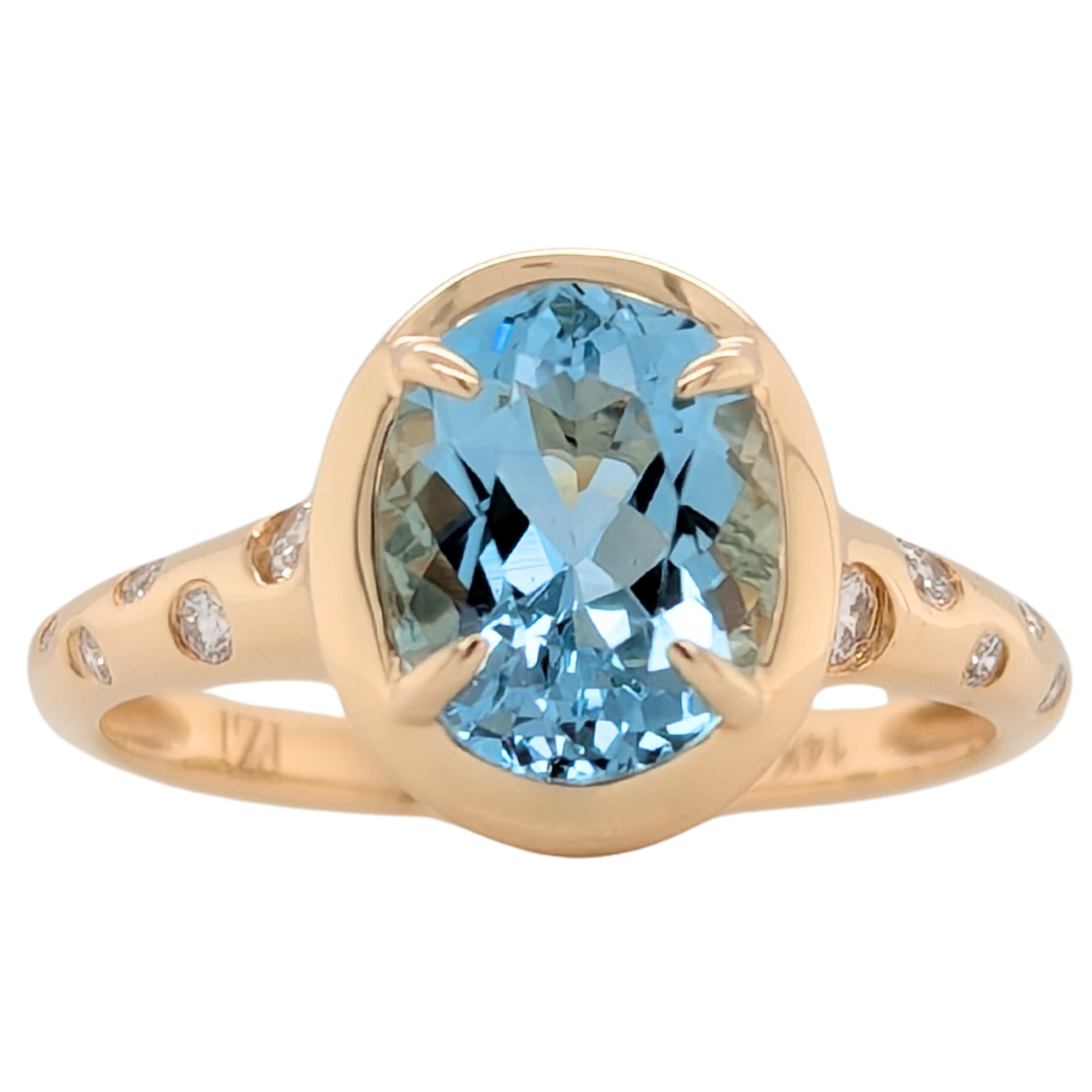 14K Oval Aquamarine Ring with Gypsy Set Diamond Sides