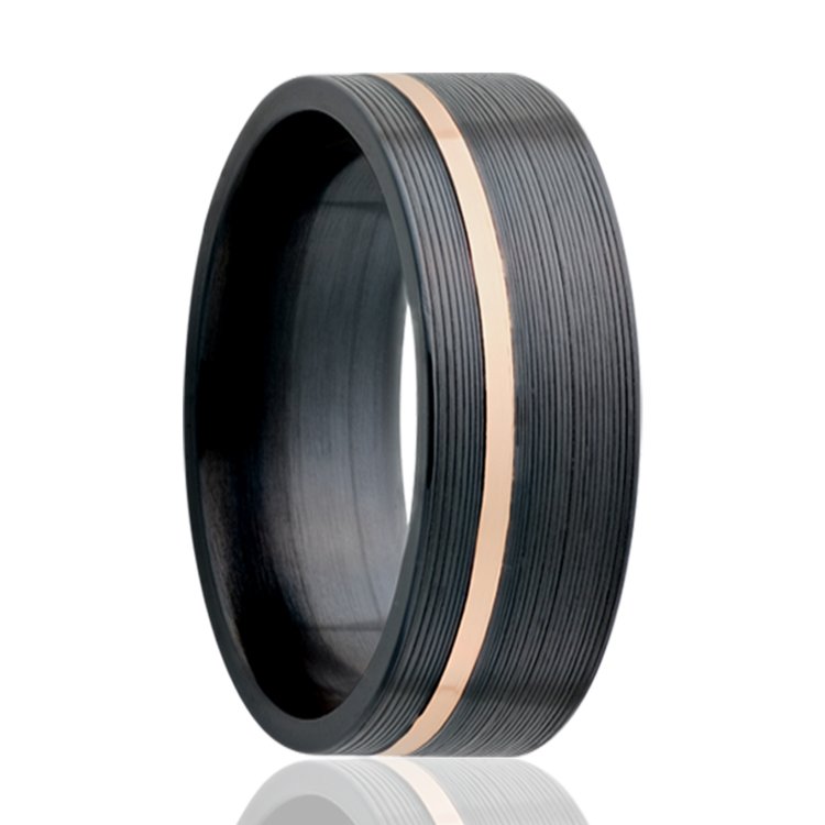 Men's Zirconium Ribbed Ring with 14K Offset Inlay - Size 8.5