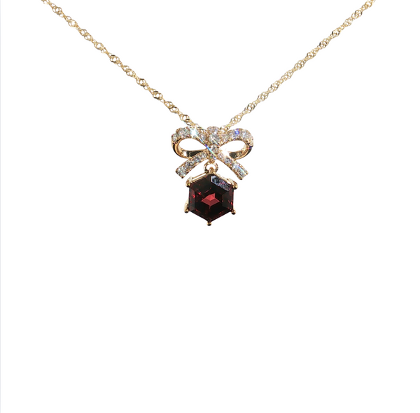 14K YG 2.13CT GARNET .28CTW DIA BOW LESLIES 1MM SINGAPORE 18"