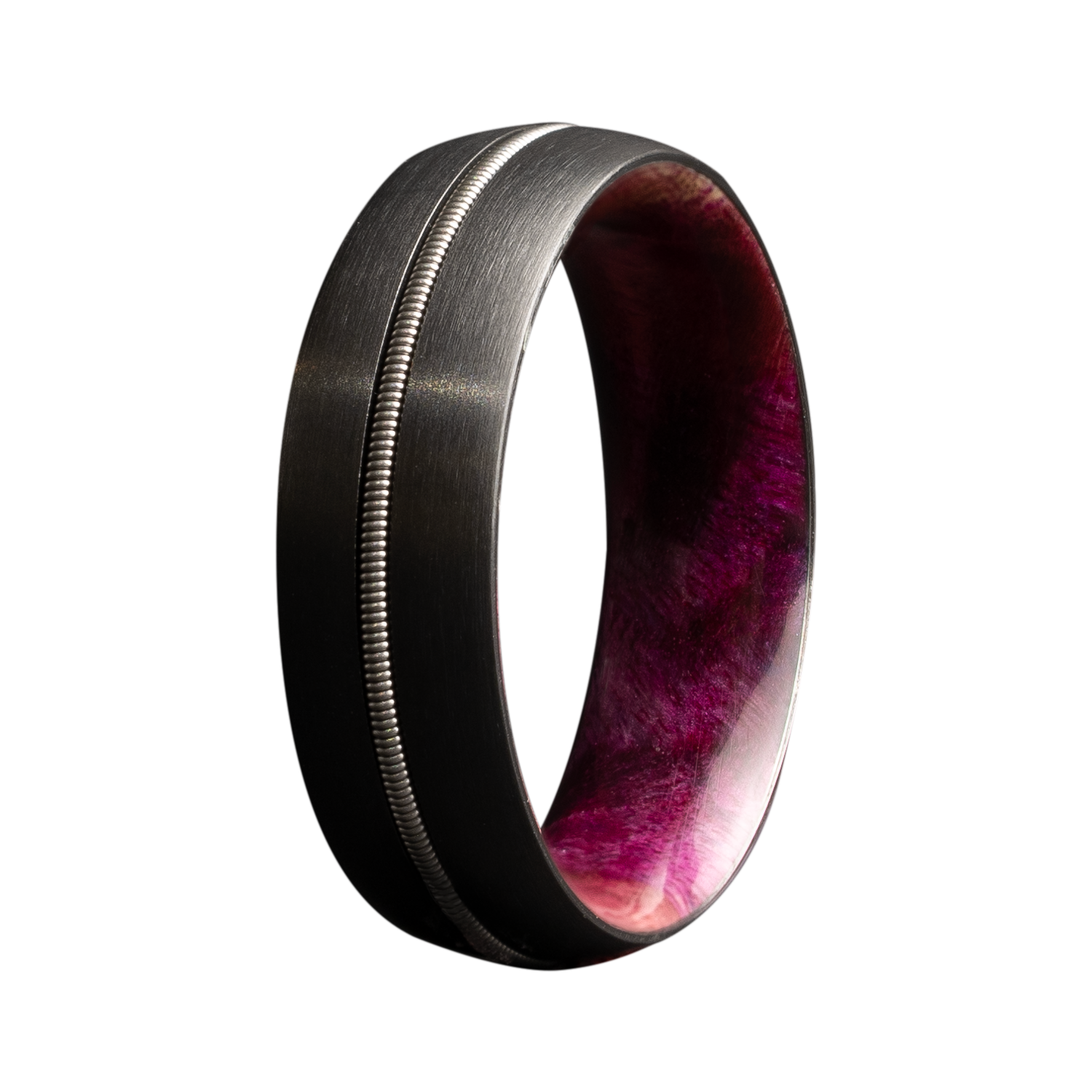 Men's Guitar String Zirconium Ring with Pink Burl Inlay - Size 10