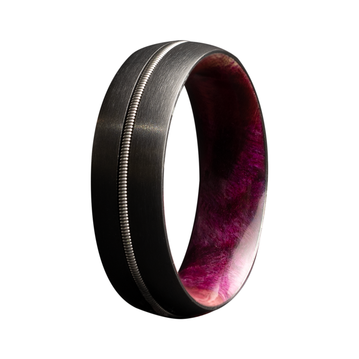 Men's Guitar String Zirconium Ring with Pink Burl Inlay - Size 10