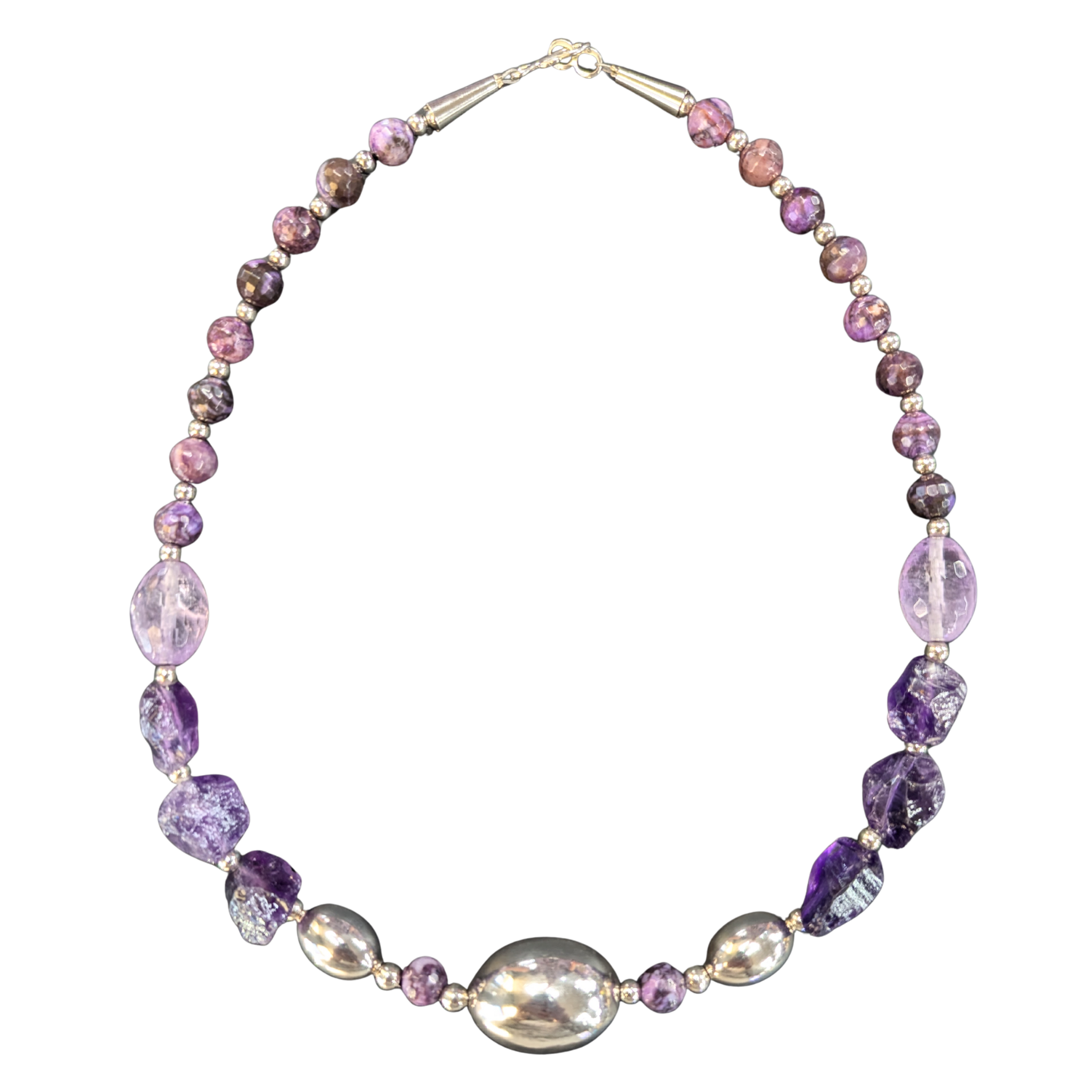 Estate Sterling Sliver Amethyst Bead Necklace 19in