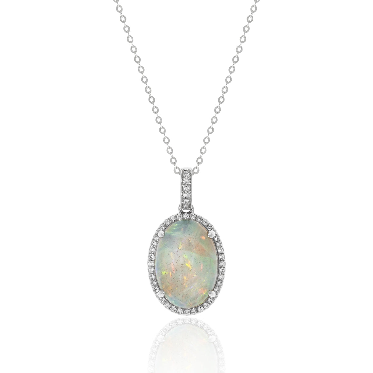 14K White Gold 4CT Opal Necklace with Diamond Halo