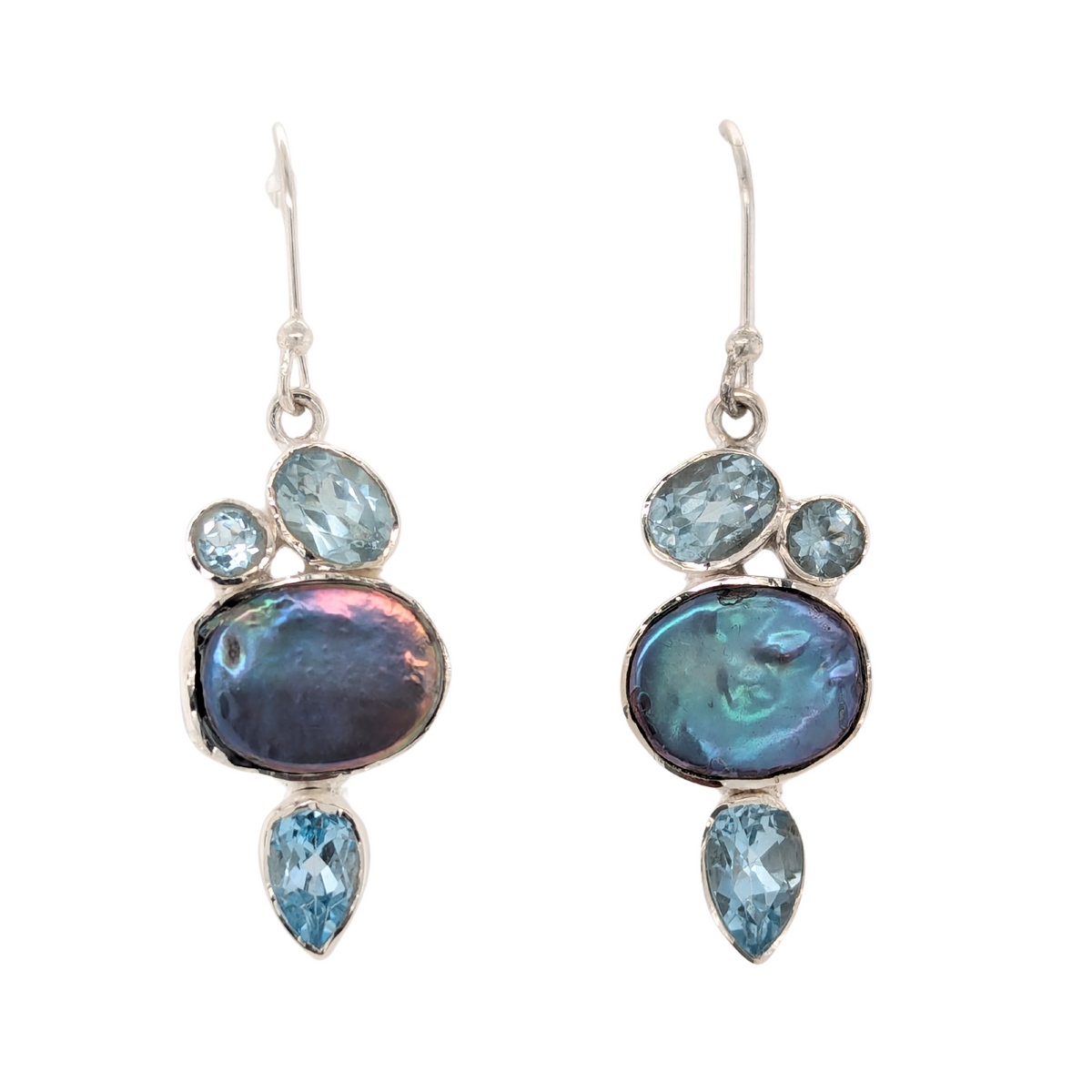 Sterling Silver Pearl Earrings with Blue Topaz