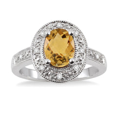 Sterling Silver Oval Citrine and Diamond Vintage Style Ring