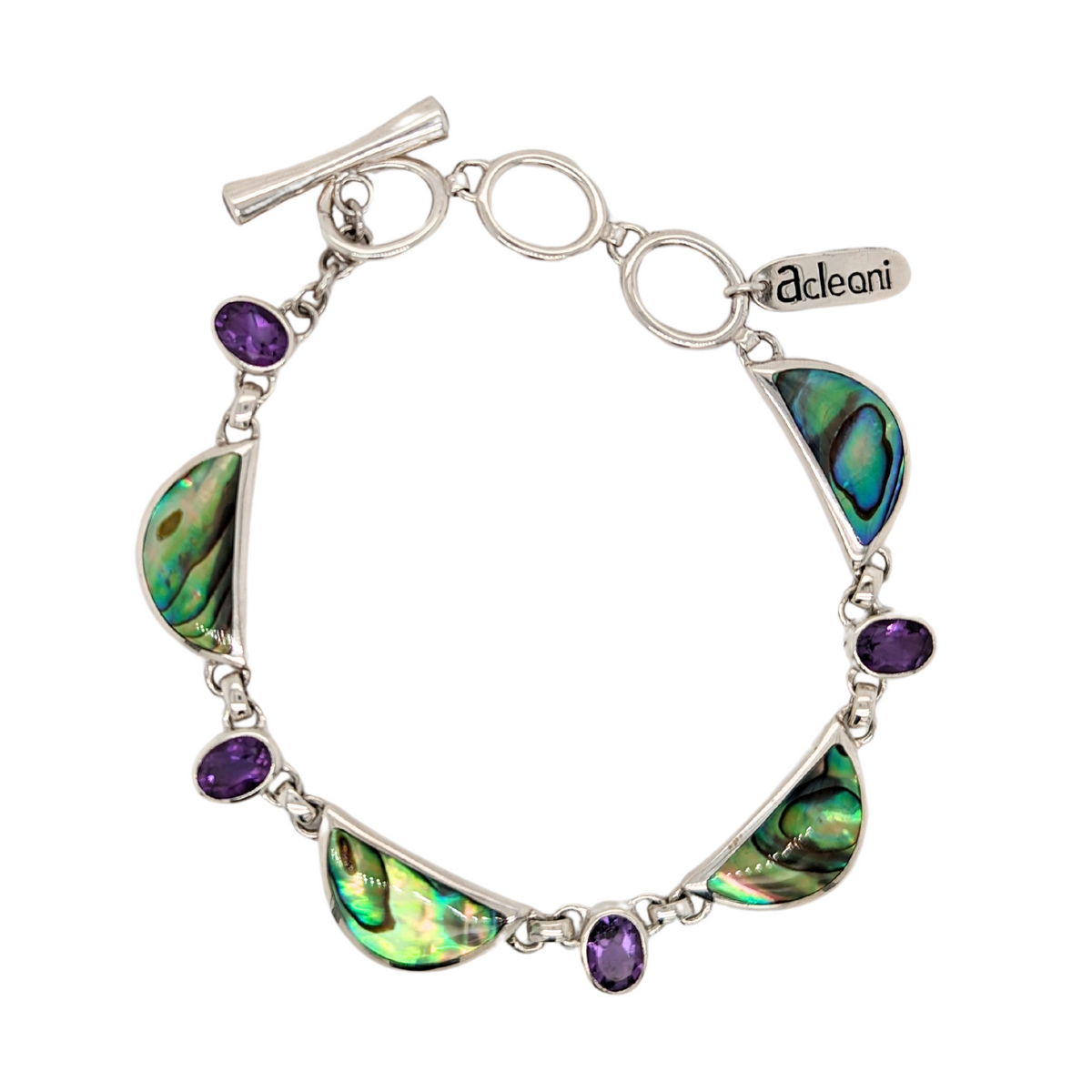 Sterling Silver Crescent Abalone and Amethyst Toggle Bracelet