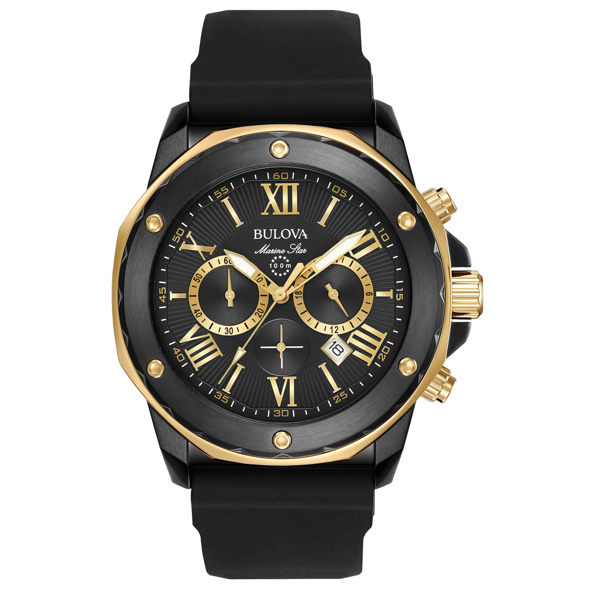 Bulova Marine Star Black Silicon Strap Goldtone Watch 98B278