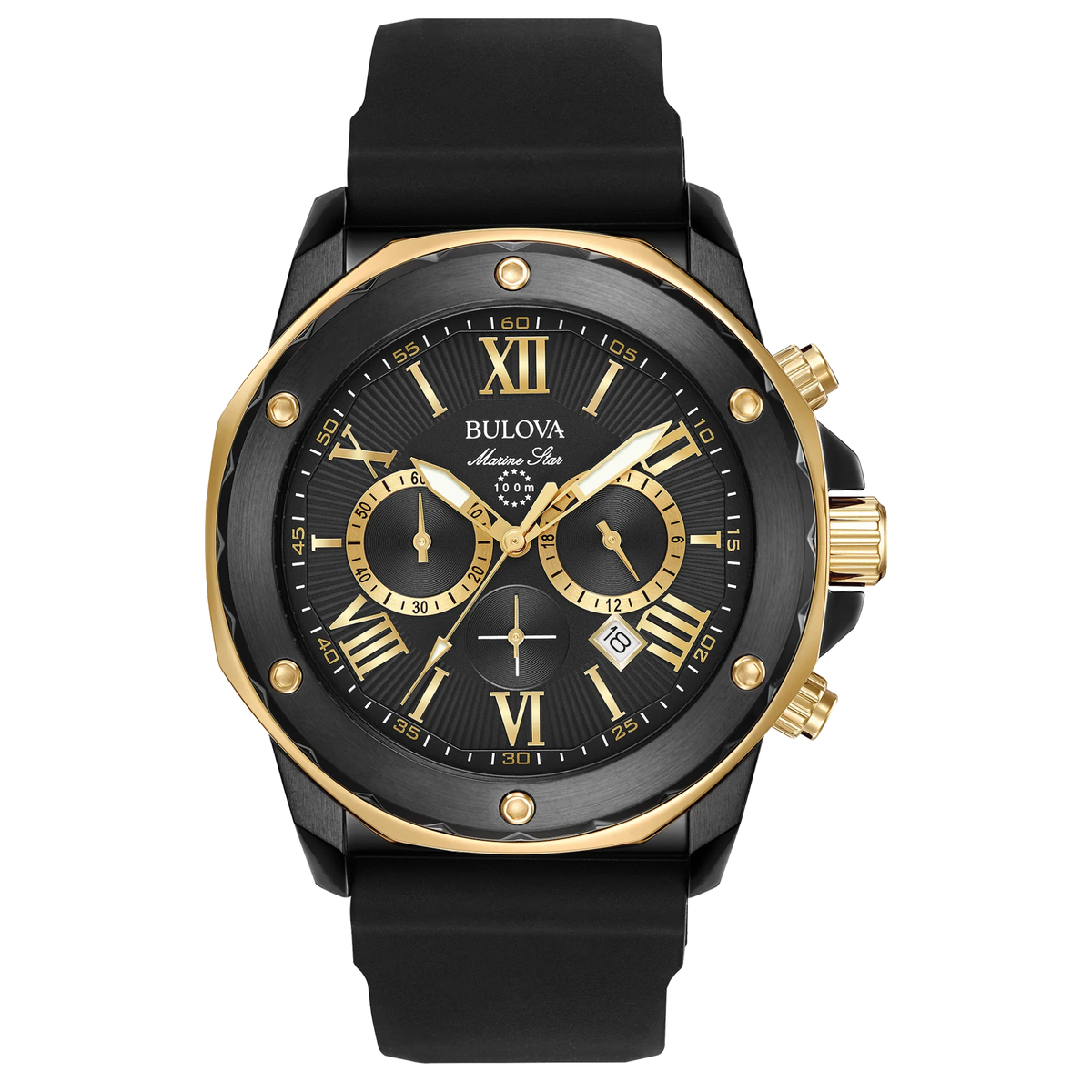 Bulova Marine Star Black Silicon Strap Goldtone Watch 98B278