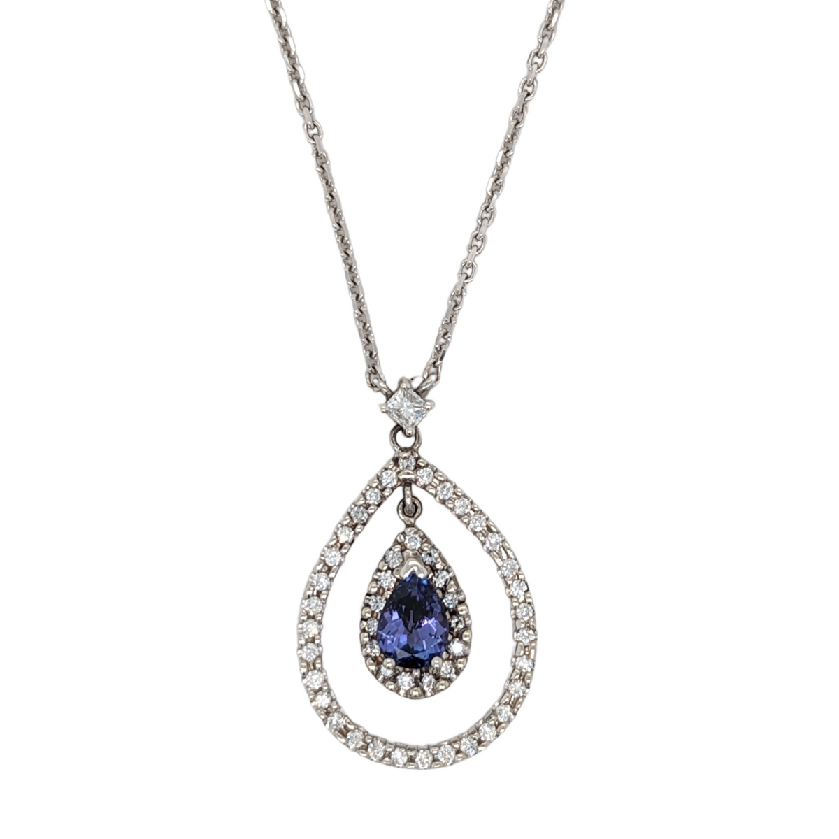 Estate: 14K White Gold Tanzanite Teardrop Necklace with Diamonds