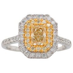 14K Two Tone Ring with Radiant Yellow Diamond Double Halo