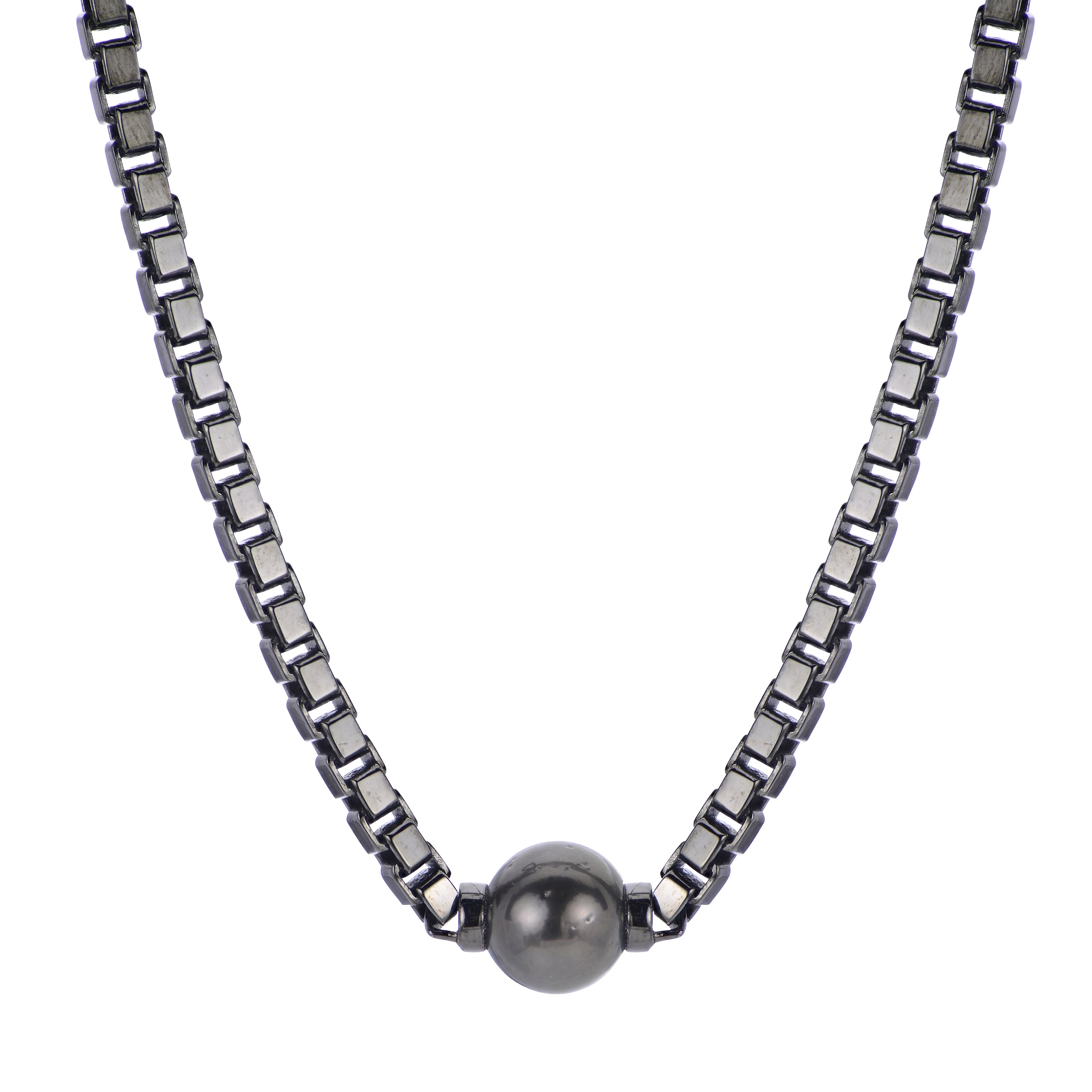 Sterling Silver Black Rhodium Thick Box Chain Tahitian Pearl Necklace