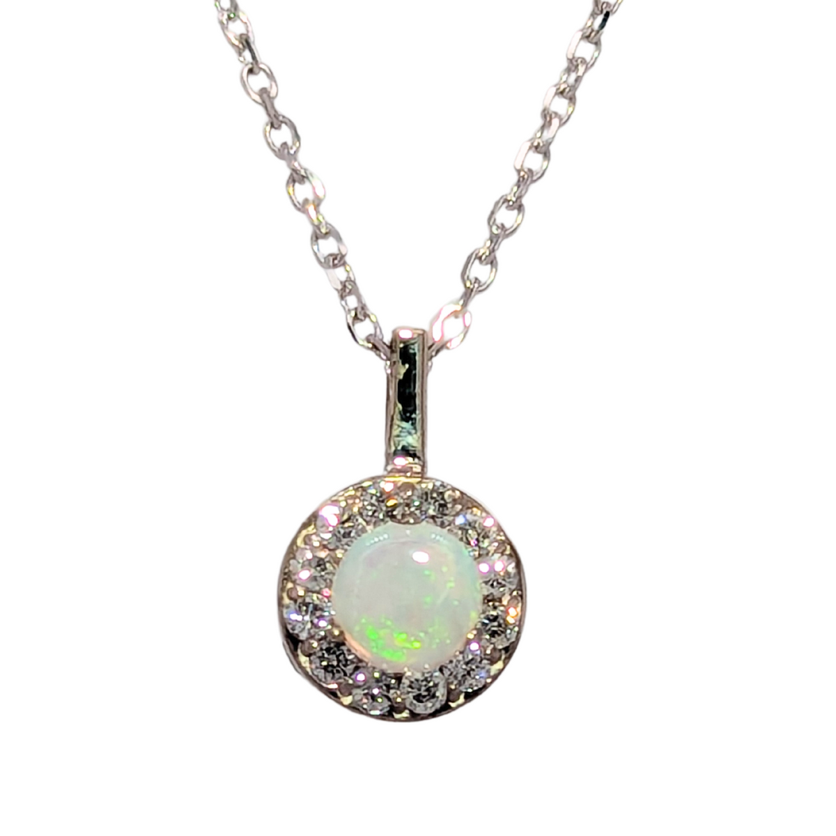 14K Opal Birthstone Diamond Halo Pendant with Chain