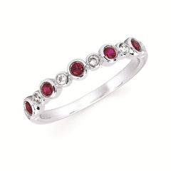 14K White Gold Created Rubies and Diamonds Stackable Ring