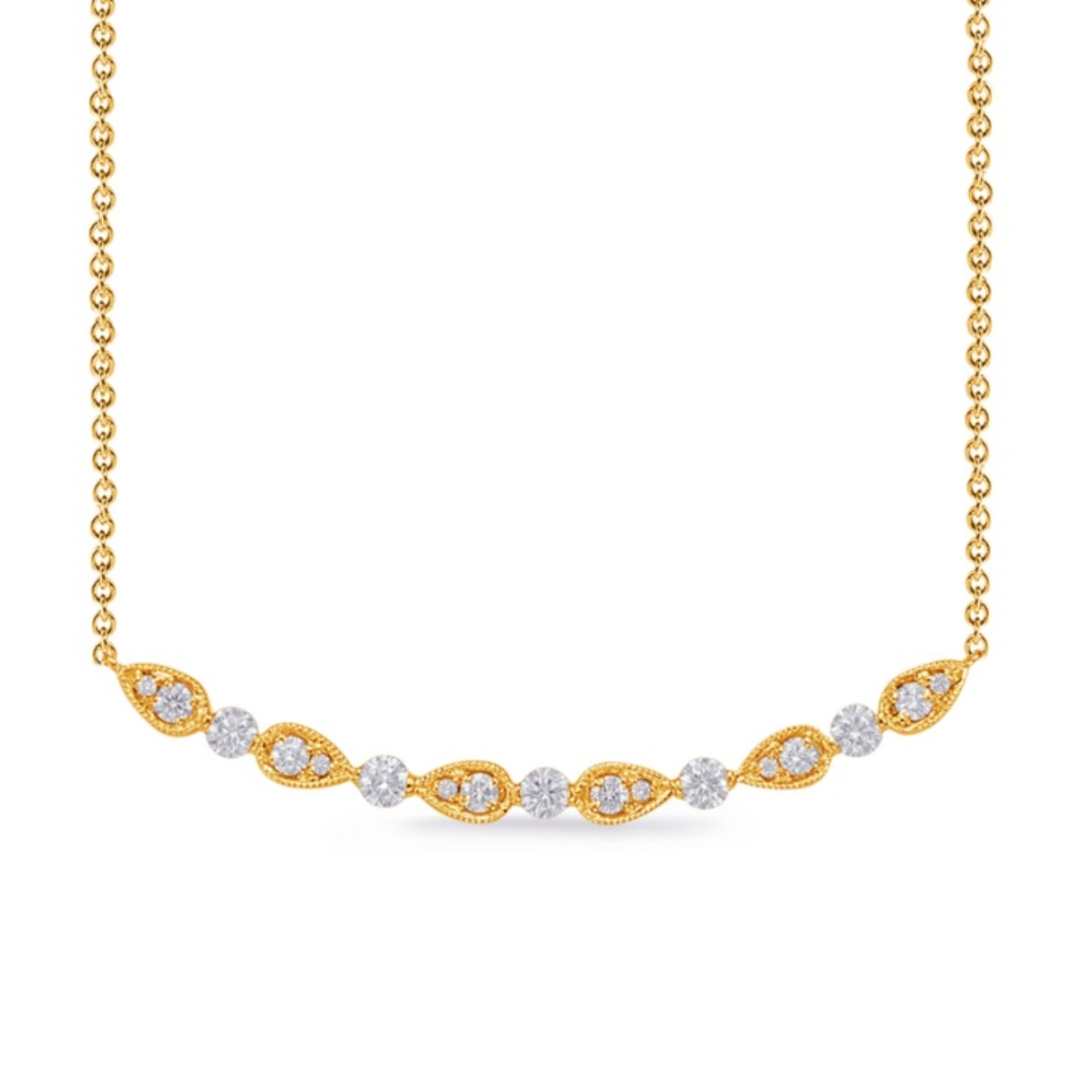 14K Gold Curved Bar Detailed Diamond Necklace