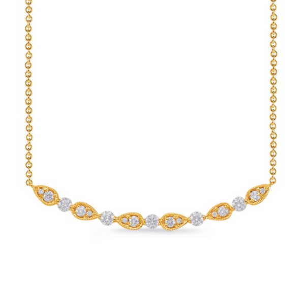 14K Gold Curved Bar Detailed Diamond Necklace