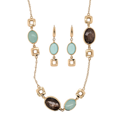 Estate: 14K Gold Smokey Quartz & Chaldoncey Necklace and Earring Set