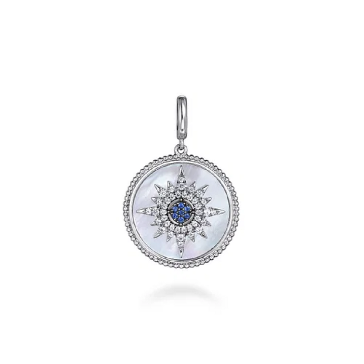 Sterling Silver Starburst Blue Sapphire and White Sapphire Bujukan Medallion Pendant in size 24mm