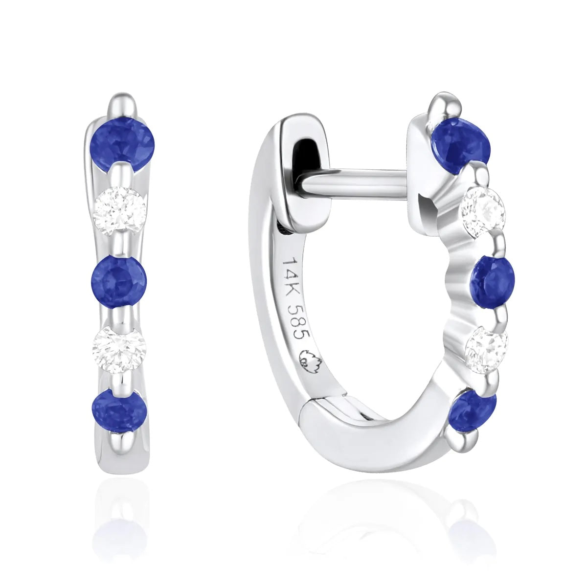 14K White Gold Blue Sapphire and Diamond Accent Huggies
