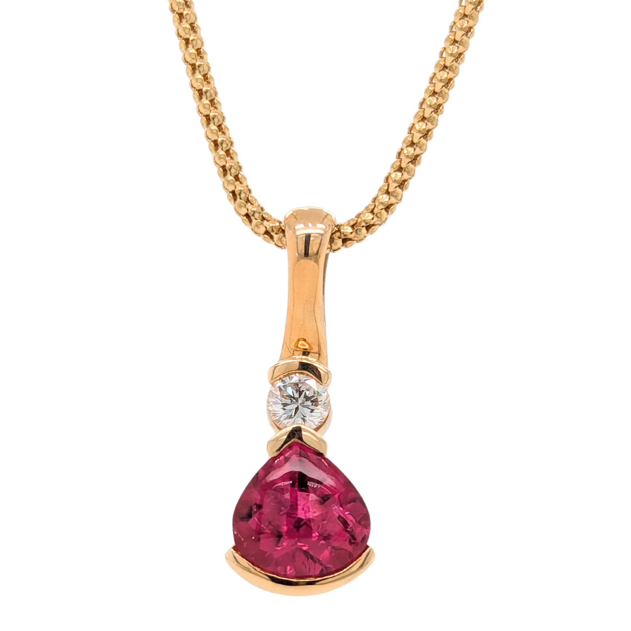 14K Yellow Gold Pink Tourmaline necklace with Popcorn Chain