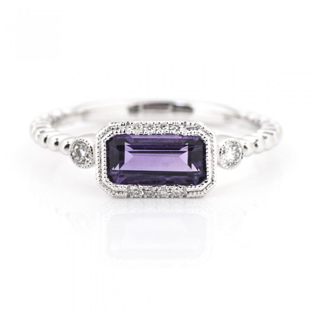 14K White Gold East-West Amethyst and Diamond Ring