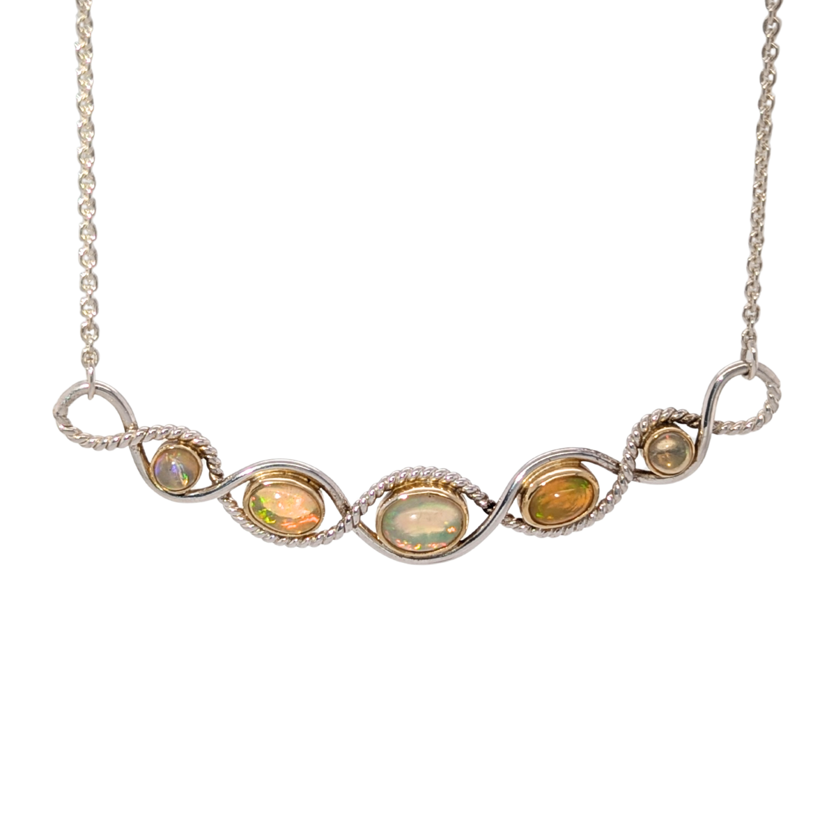 Estate: Sterling Silver Opal Curved Bar Necklace