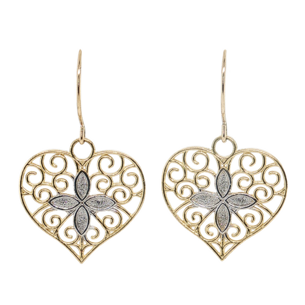 14kt Yellow Gold Filigree Heart French Wire Earrings