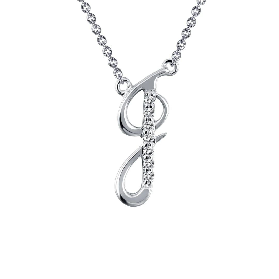 Sterling Silver Initial "J" Script Necklace With Simulated Diamonds