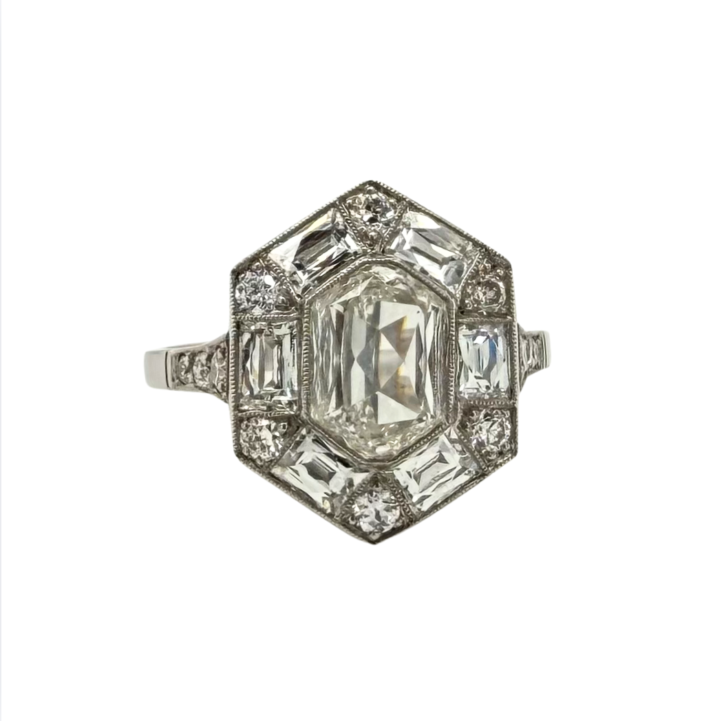 Estate Platinum 1.54ct Octagonal l VS2 1.33ctw French Cut OEC Filigree Ring