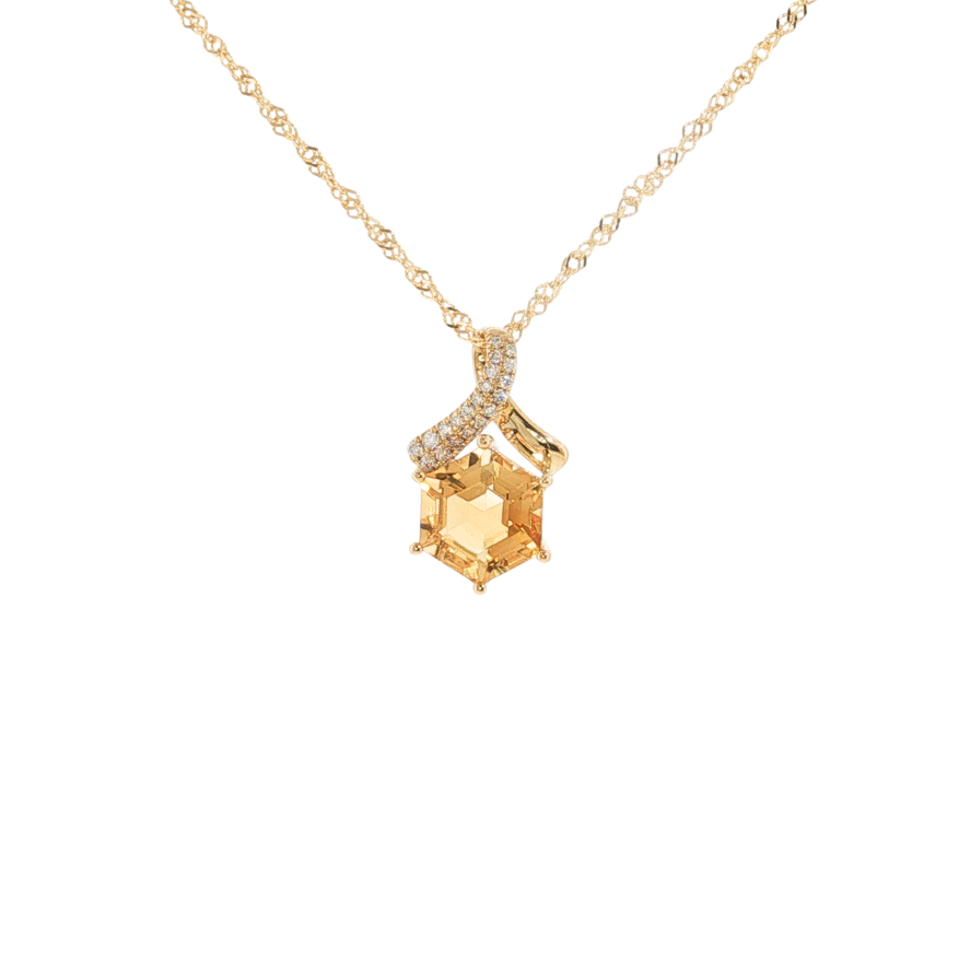 14K YG 1.38CT CITRINE .07CTW DIA PENDANT 1MM SINGAPORE 18"