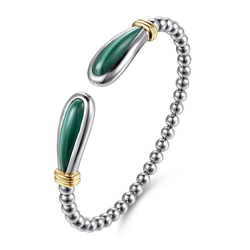 14K Yellow Gold and 925 Sterling Silver Bujukan Bangle with Malachite