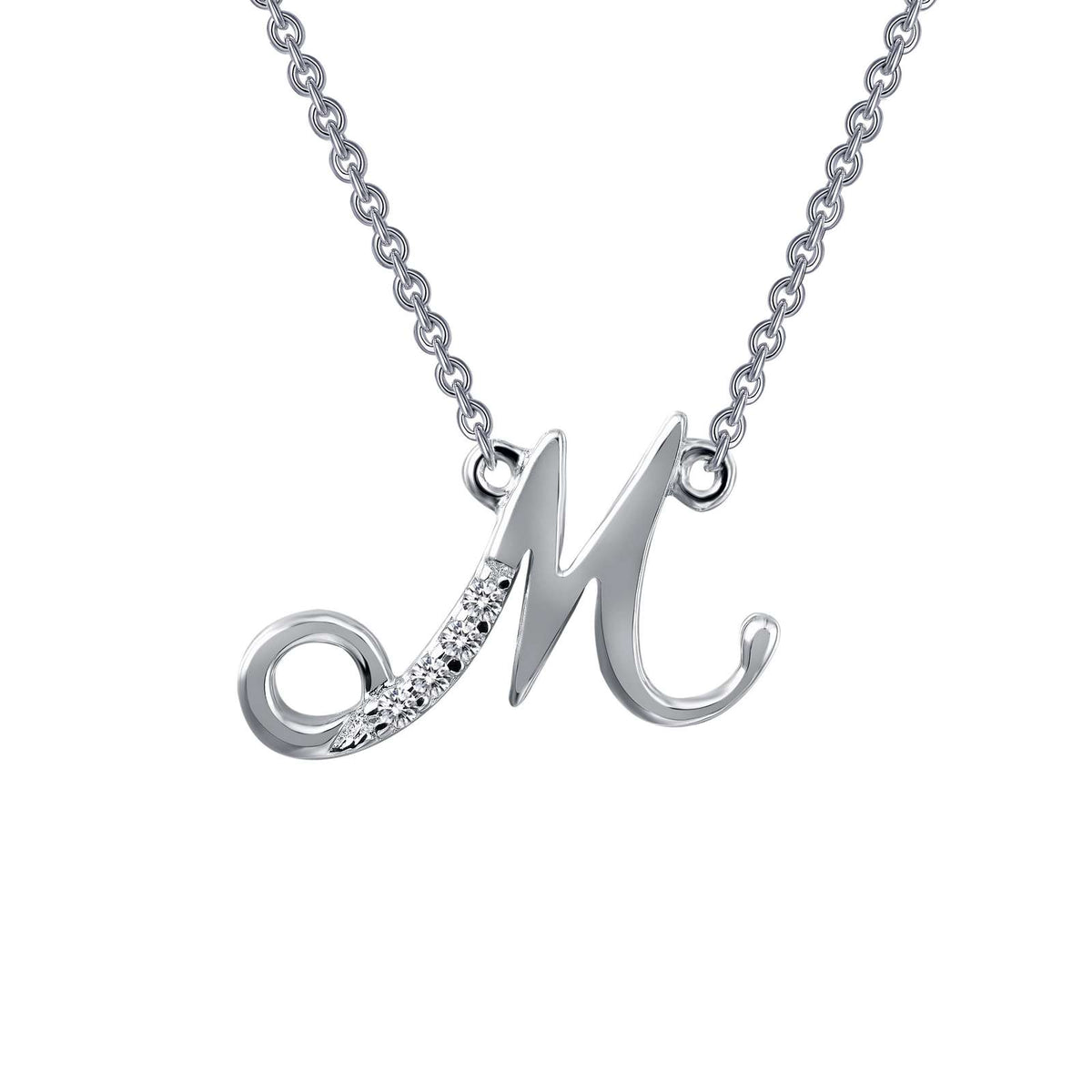 Sterling Silver Initial "M" Script Necklace with Simulated Diamonds