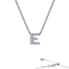 Sterling Silver Initial "E" Block Necklace With Pave Simulated Diamonds