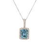 14K White Gold 1.50CT Emerald Cut Aquamarine Diamond Halo Necklace