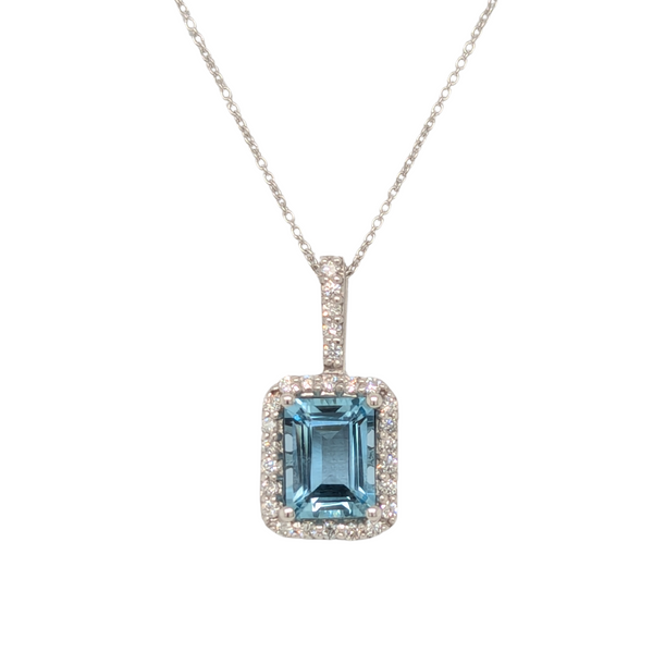 14K White Gold 1.50CT Emerald Cut Aquamarine Diamond Halo Necklace