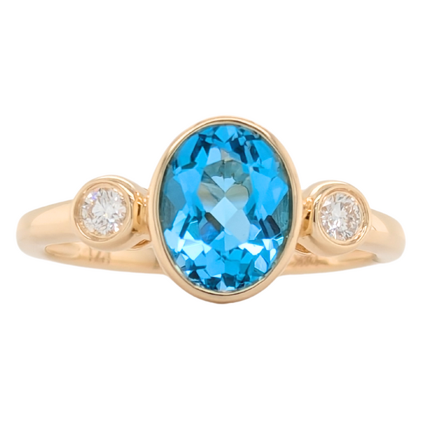 14K Gold Oval Blue Topaz & Diamond Bezel Set Ring