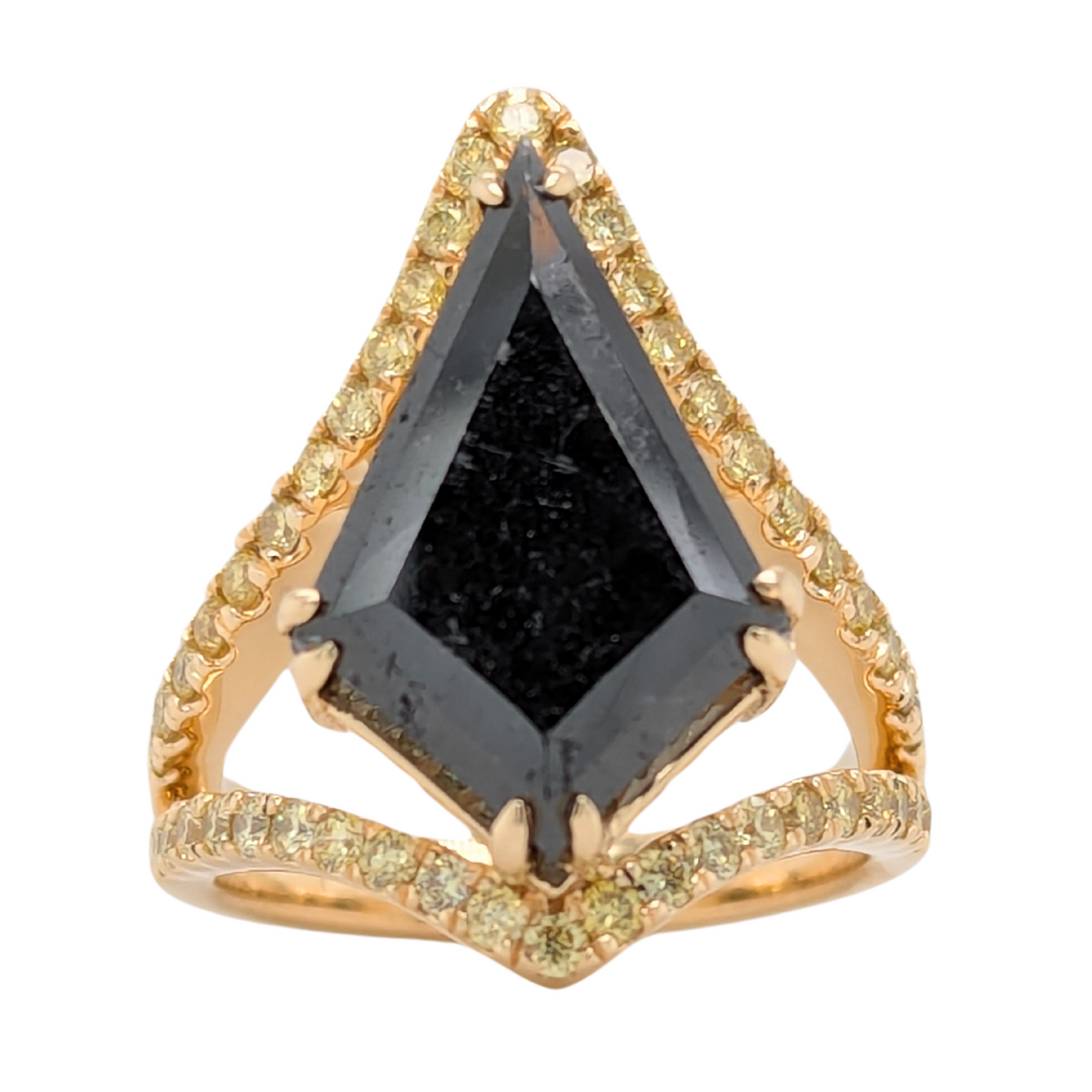 18K Yellow Gold Black Diamond Kite Ring with Intense Yellow Diamond Accents