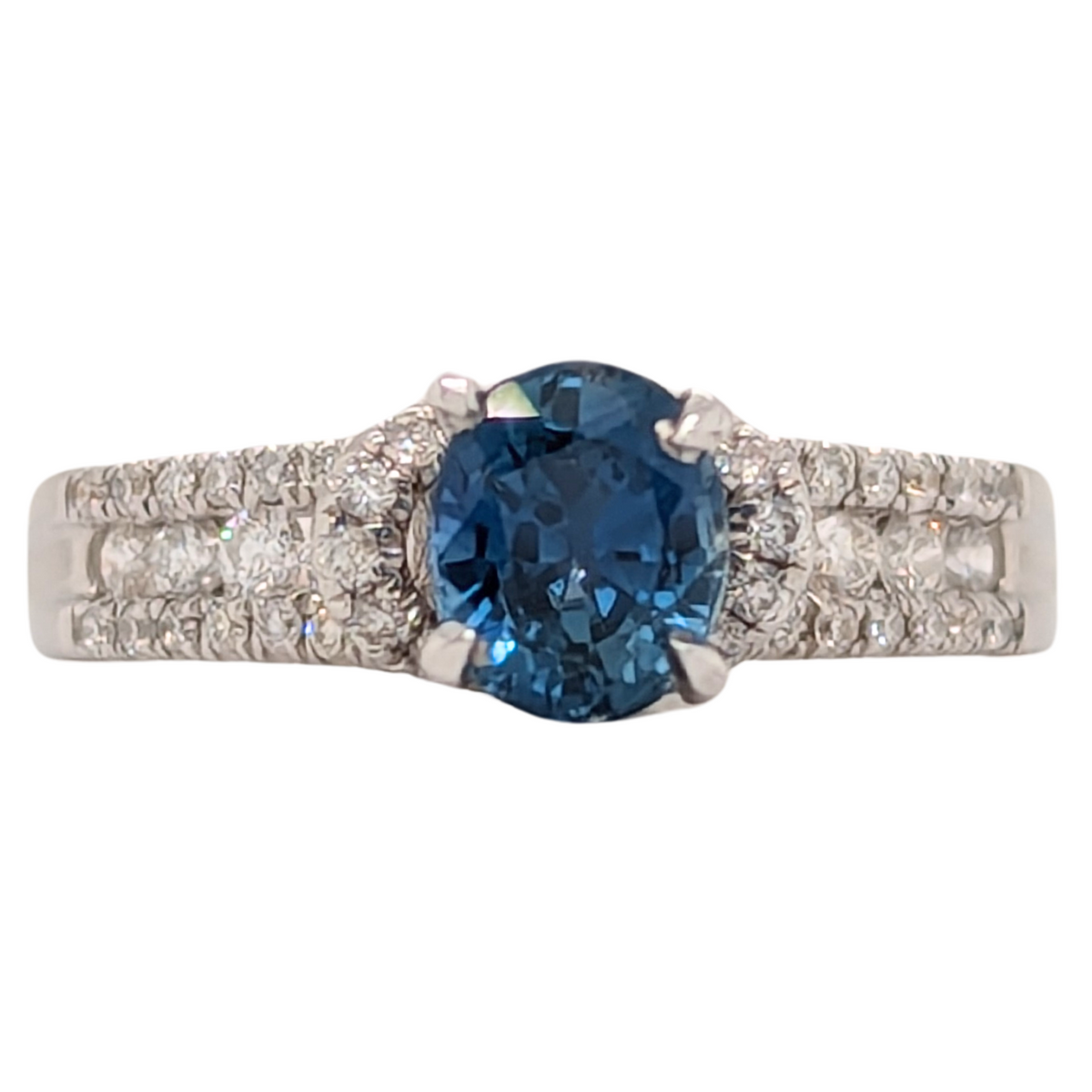 18K White Oval Blue Sapphire & Diamond Ring