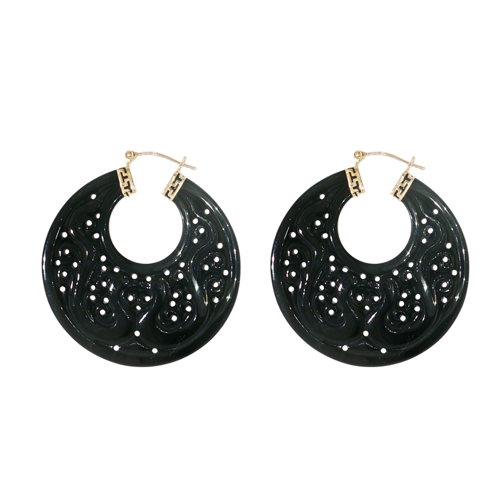 Estate 14kt Carved Black Agate Earrings