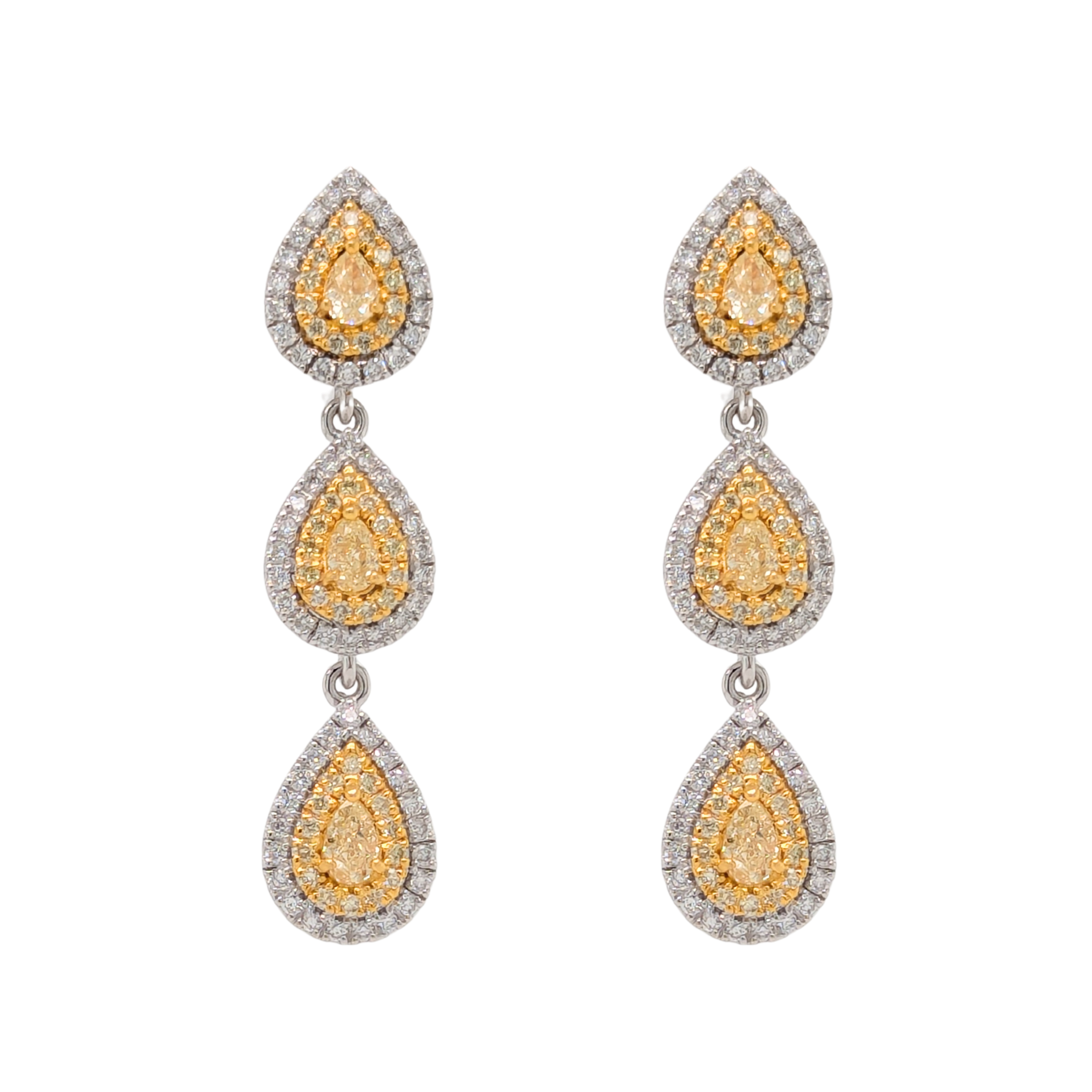 14K Two Tone Triple Pear Shape Yellow Diamond Dangles