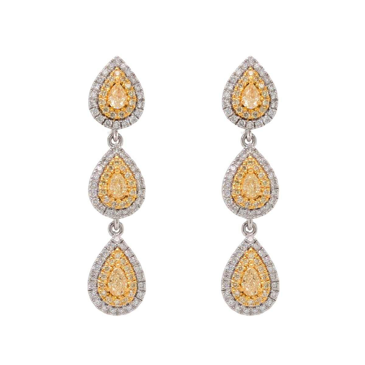 14K Two Tone Triple Pear Shape Yellow Diamond Dangles