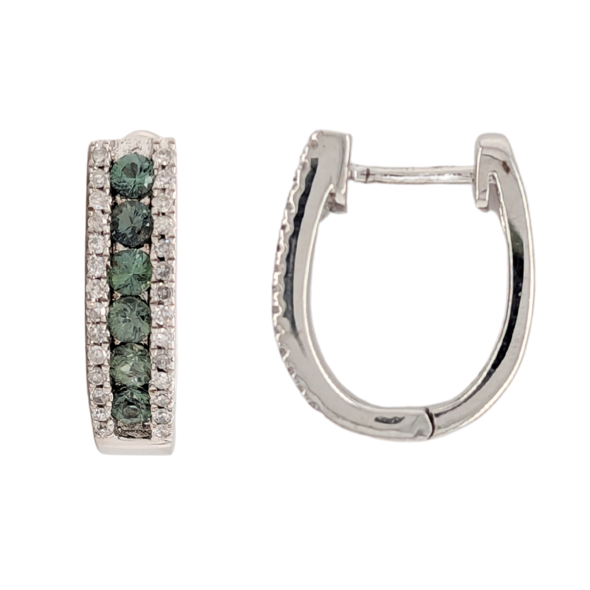 Sterling Silver Blue Green Sapphire Diamond Hoop Earrings