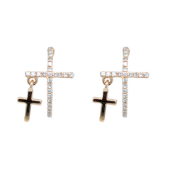 14K Yellow Gold J Hook Diamond Cross Hoop Earrings