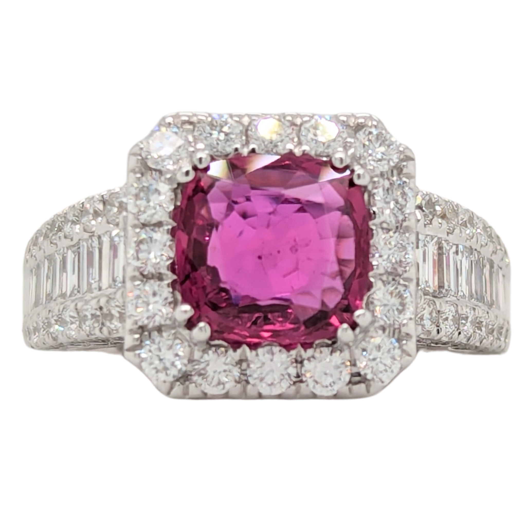 18K White Gold 2.02CT Ruby Diamond Halo Ring with Baguettes