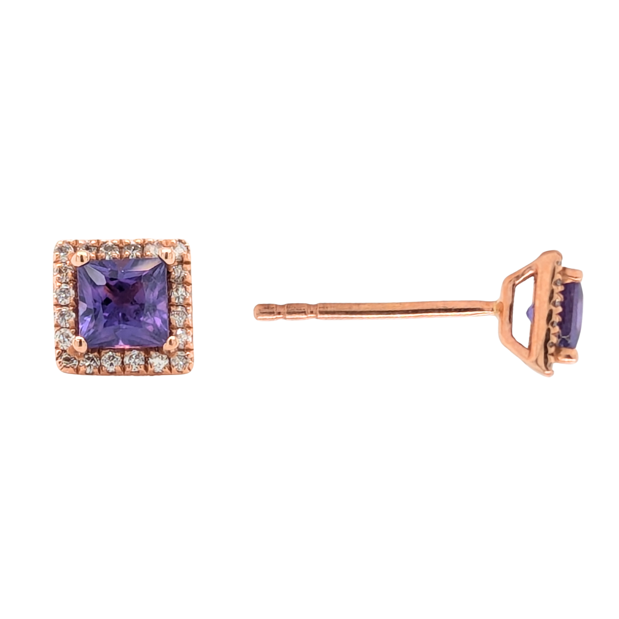 14K Rose Gold Purple Sapphire Diamond Halo Studs